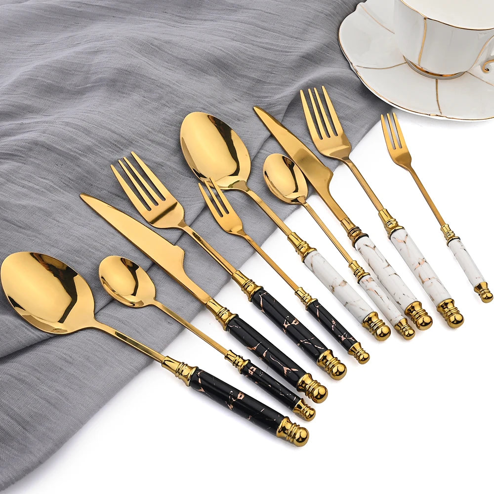 30Pcs Stainless Steel Cutlery Set – Gold & Black Flatware with Knife, Fork, Spoon | Dinnerware Set for Kitchen, Parties & Weddings | NaturalBuiltHome