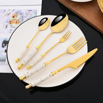 30Pcs White & Gold Cutlery Set – Stainless Steel Flatware with Imitation Ceramic Handles | Dinnerware for 6 People | NaturalBuiltHome