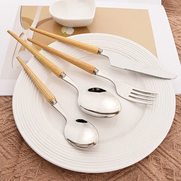 4pcs Wooden Handle Cutlery Set – Stainless Steel Knife, Fork, Spoon & Chopsticks | Modern Eco-Friendly Tableware | NaturalBuiltHome