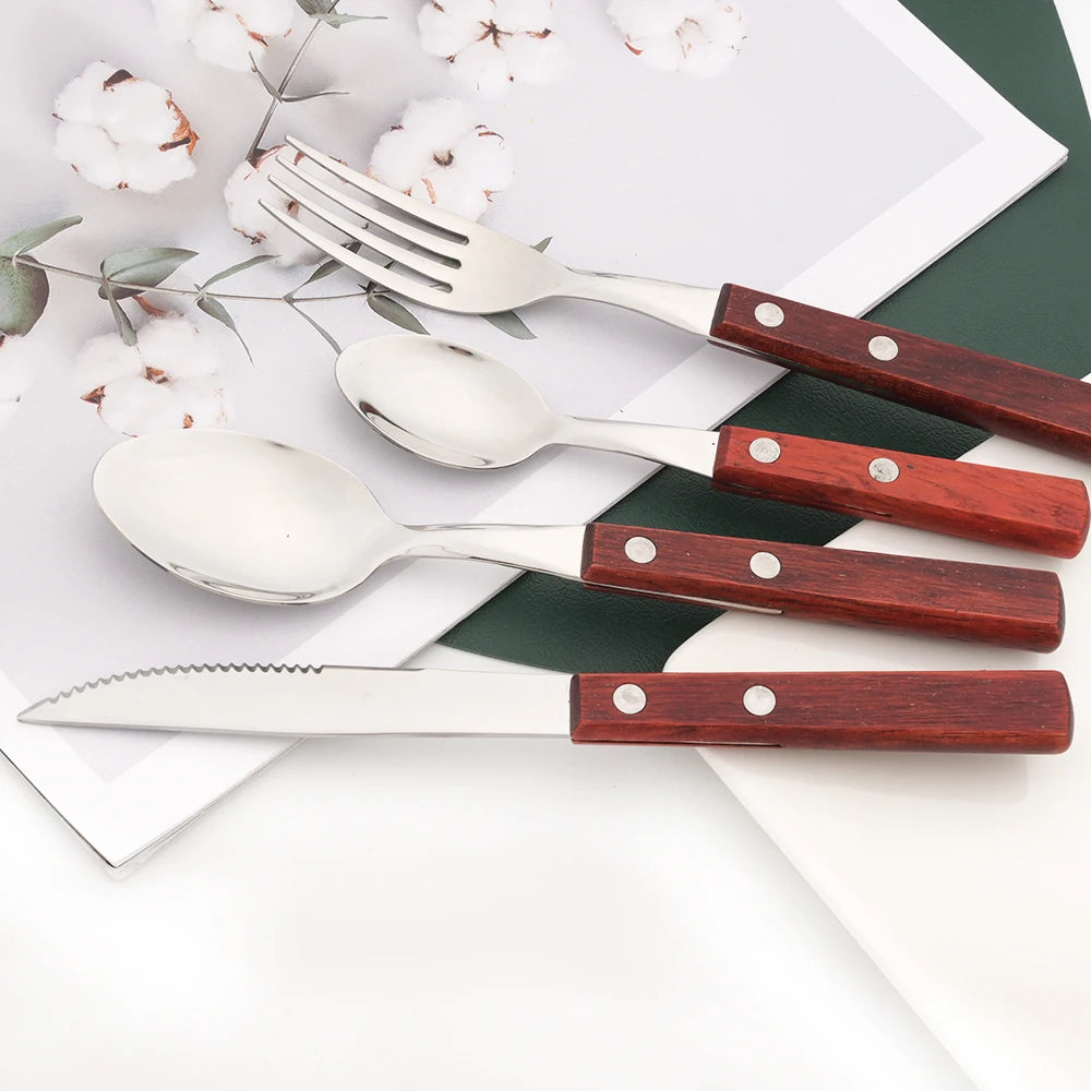6/24-Piece Stainless Steel Cutlery Set with Wooden-Style Handles – Elegant Dinnerware Flatware Kit | Knives, Forks & Spoons | NaturalBuiltHome