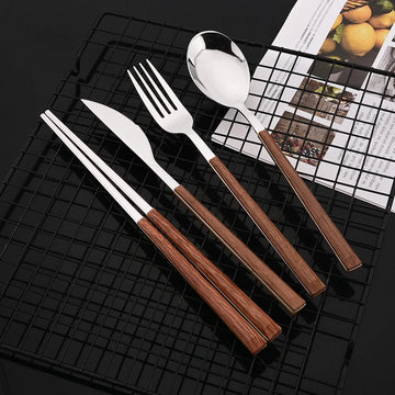 8/12Pcs Stainless Steel Cutlery Set with Wooden Handle – Fork Spoon Knife Chopsticks Flatware Set | NaturalBuiltHome