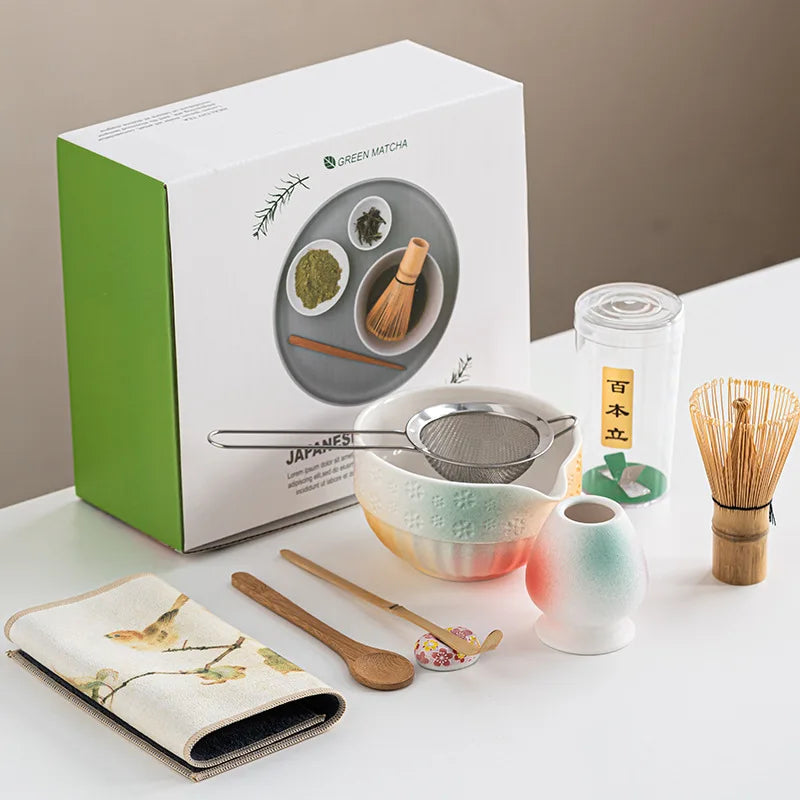 8pcs Japanese Matcha Tea Set – Ceramic Bowl, Bamboo Whisk, Scoop & Sifter – Traditional Matcha Ceremony Kit | NaturalBuiltHome