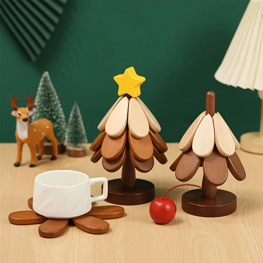Wooden Trivets for Hot Dishes 3/4Pcs Tree Shape Coasters Set with Stand Wooden Tripod Coaster Set Kitchen Table Decor