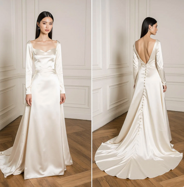 Silk satin wedding dress – elegant long sleeves, refined sweetheart neckline, deep open back with buttons and flowing couture train