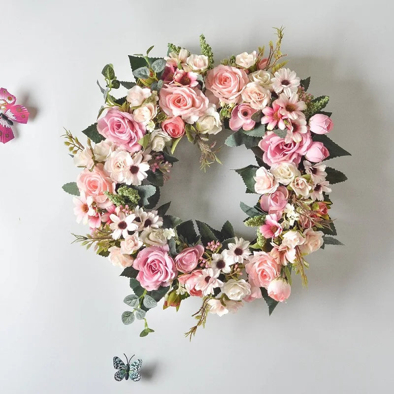 New Product 16Inch Artificial Rose Flower Wreath Window Door Hanging Garland Christmas Wall Ornament Wedding Bridal Wreath Decor