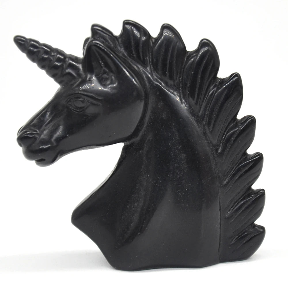 2" Unicorn Statue Natural Black Obsidian Stone Carved Home Decoration Healing Crystal Reiki Figurine Spiritual Gemstone Omament