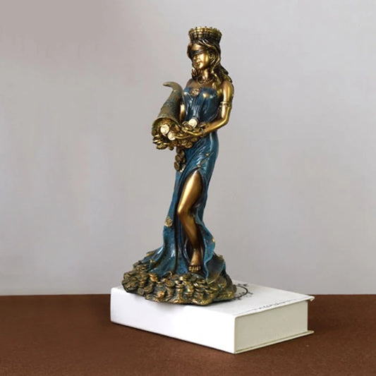 Vintage Blindfolded Fortuna Statue, Ancient Greek, Roman Goddess of Fortune, Blue Luck Sculpture, Luck Decorations for Home