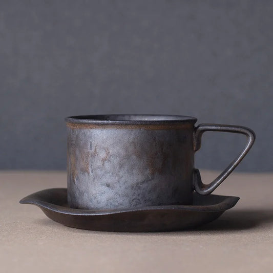 KuBac Design INS Stoneware Handmade JapaneseStyle Vintage Coffee Cup Afternoon Tea Ceramic Mug Set Retro Coffee Cup With Tray