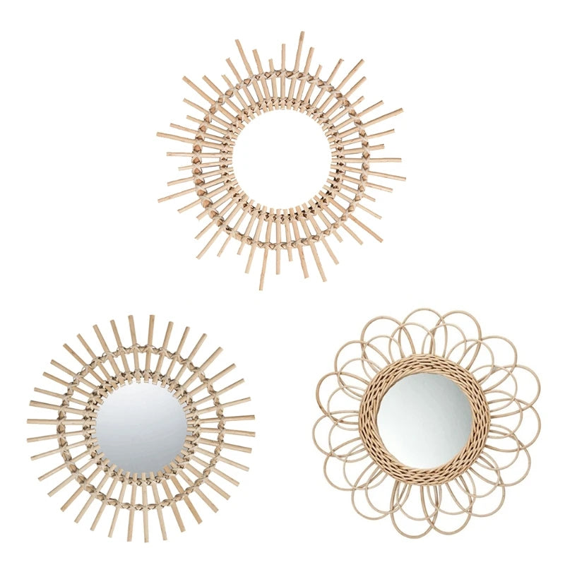 Rattan Innovative Art Decoration Round Makeup Mirror Dressing Bedroom Bathroom Wall Hanging Mirrors Craft Photo Props