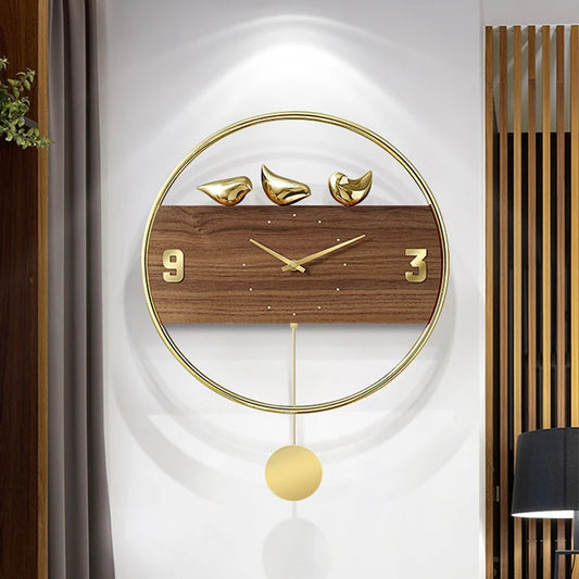 Nordic Vintage Wall Clock with 3D Birds Decor, Large Pendulum Clock, Creative Living Room Gold Wall Mute Clock, Home Wall Decor
