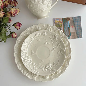 Rose Coffee Cup and Saucer Set French Small Luxury Exquisite Vintage Rose Embossed Ceramic Plate Ceramic Flower Shape Tableware