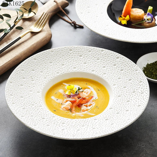 Creative Ceramic Western Food Noodle Soup Straw Hat Plate Luxury Black and White Home Round Fruit Salad Dessert Plate Tableware