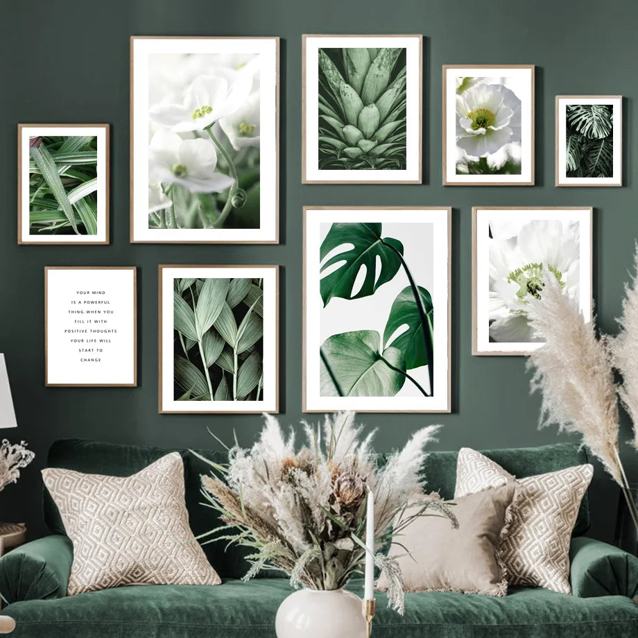 Bloom White Flower Green Leaf Plant Nordic Poster Scandinavian Wall Art Print Canvas Painting Wall Picture For Living Room Decor