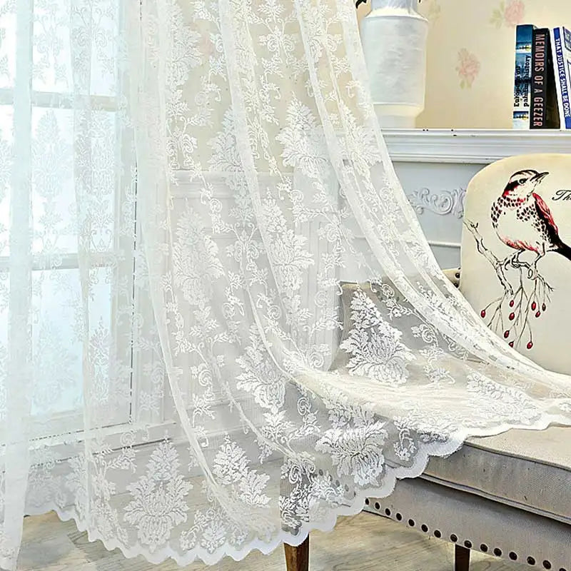 White Lace Tulle Curtains for Bedroom Floral Window Treatments European-Style Sheer Voile For Livingroom Kitchen Drape Girl Room