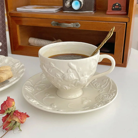 Rose Coffee Cup and Saucer Set French Small Luxury Exquisite Vintage Rose Embossed Ceramic Plate Ceramic Flower Shape Tableware