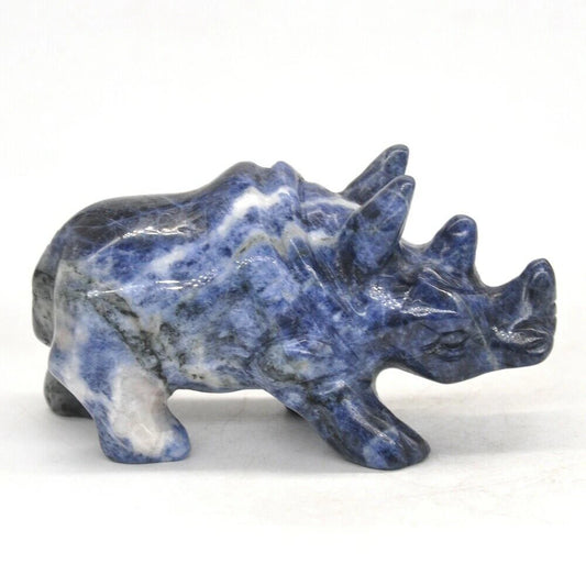 3" Stone Carving Blue Sodalite Rhinoceros Figurine Healing Crystal Sculpture Fengshui Reiki Decor