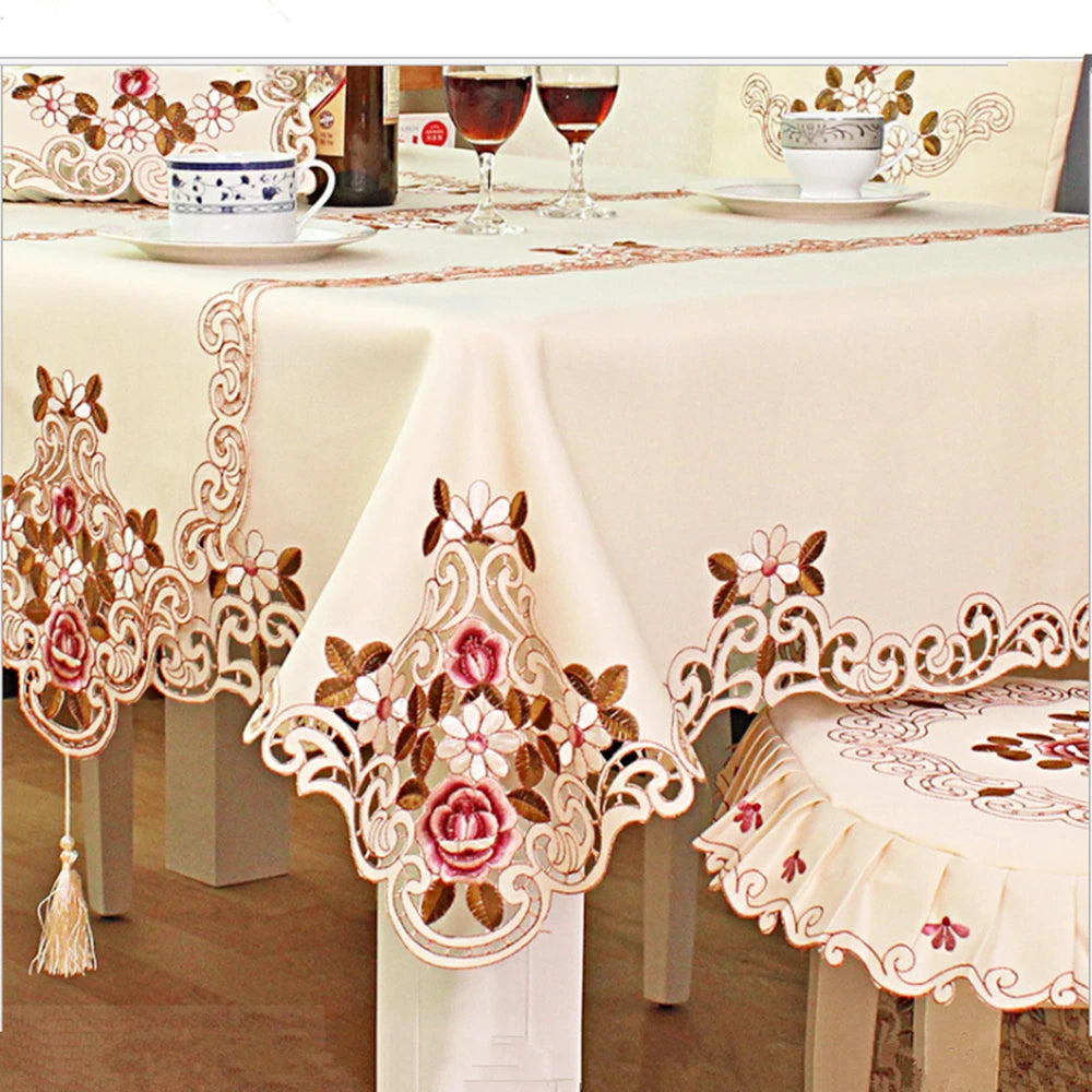 SHSEJA-Europe Polyester Tablecloth, Embroidered Floral, Hollow Table Cover, Rectangular, Elegant, Home Party, Wedding Decoration