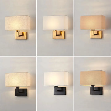Minimalist Black or Bronze Wall Sconces with Rectangle White Yellow Fabric Shade for Bedroom Hallway USB Wall Lights with Switch