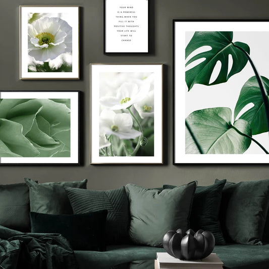 Bloom White Flower Green Leaf Plant Nordic Poster Scandinavian Wall Art Print Canvas Painting Wall Picture For Living Room Decor