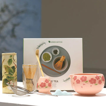 Japanese Matcha Tea Set – 7pcs Sakura Pink Ceramic Bowl, Bamboo Whisk & Accessories | NaturalBuiltHome