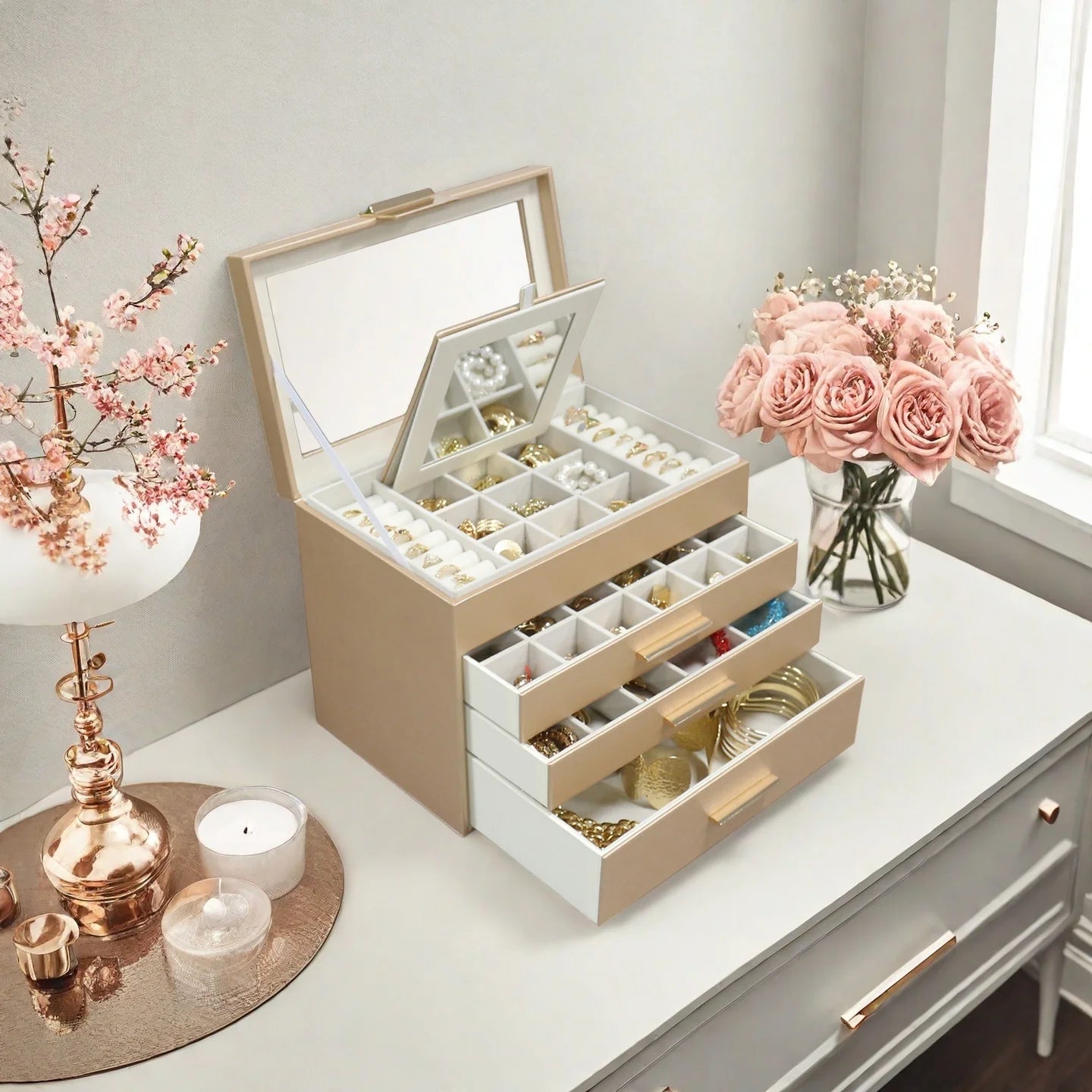 Large PU Leather Jewelry Box – Multi-Layer Organizer with Mirror, Ring, Bracelet & Earring Storage Case | Naturalbuilthome
