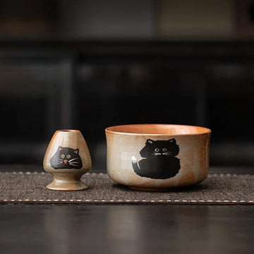 Matcha Tea Set – Black Cat Ceramic Bowl with Bamboo Whisk | NaturalBuiltHome