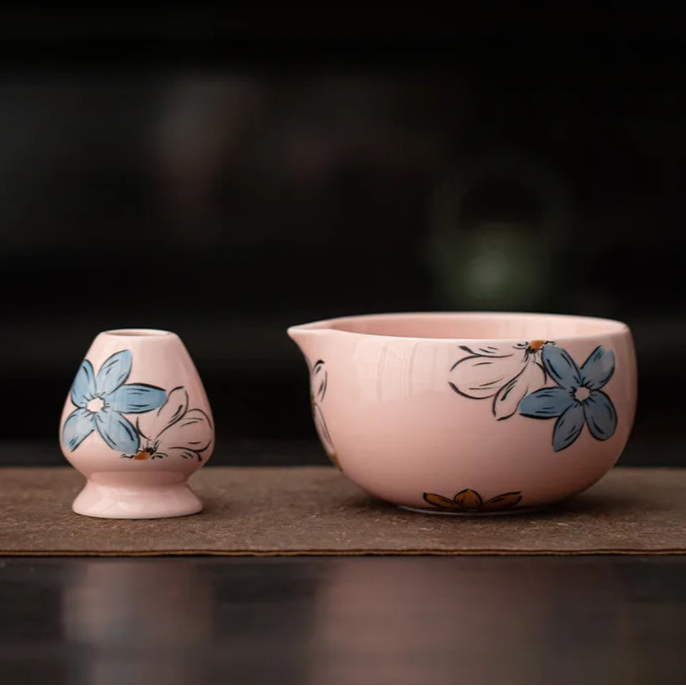 Matcha Tea Set – Sakura Pink Ceramic Bowl with Bamboo Whisk, Spoon & Accessories | NaturalBuiltHome