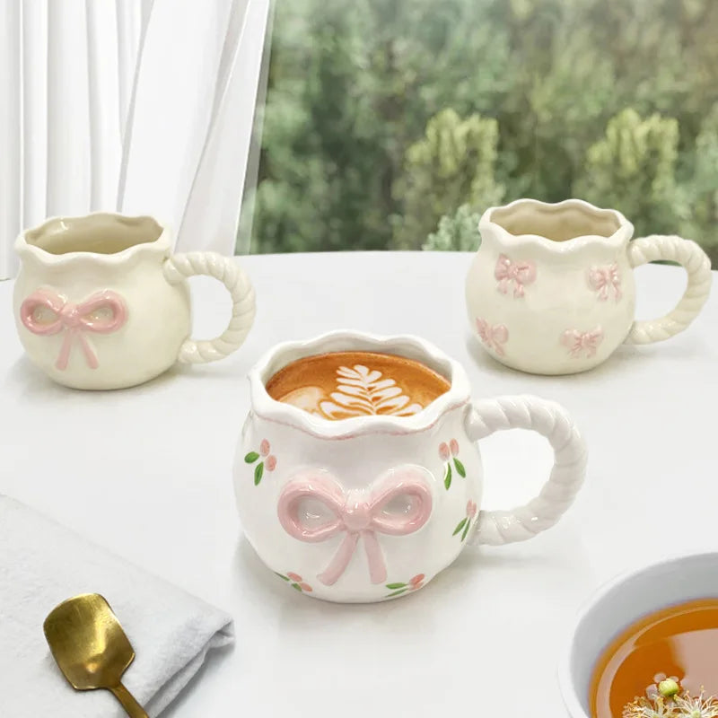 Romantic Bow Ceramic Coffee Mug – Handcrafted Pink Ribbon Cup for Women | NaturalBuiltHome