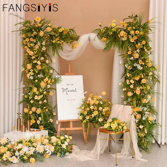 Luxury yellow Red Wedding Arch Backdrop Decor Artificial Hang Flower Row Arrangement Table Centerpiece Floral Party Stage Props