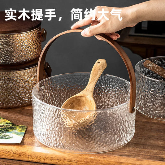 Glass Ice Fruit Bucket Handheld Fruit Circular Ice Bucket Fruit Basin, Tea Bucket Container