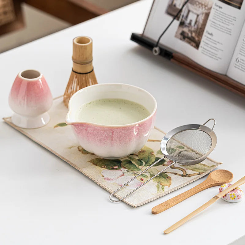 ‌Cherry Blossom Pink Matcha Bowl Set 8pc with Master Cup 100-Prong Bamboo Whisk Tea Scoop Song Dynasty-Inspired Tea Ceremony Kit