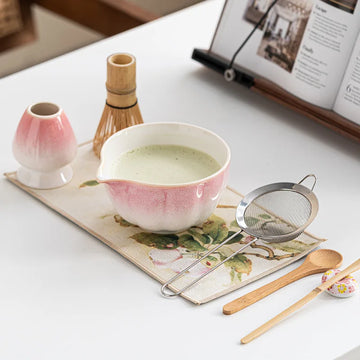 ‌Cherry Blossom Pink Matcha Bowl Set 8pc with Master Cup 100-Prong Bamboo Whisk Tea Scoop Song Dynasty-Inspired Tea Ceremony Kit