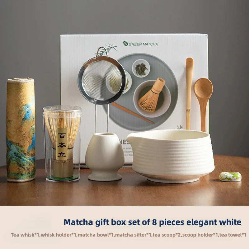 2025 Hot 8PCS Premium Matcha Tea Set Japanese Ceremonial Ceramic Bowl Whisky Gift Set Box Starter Kit Sustainable Eco-friendly
