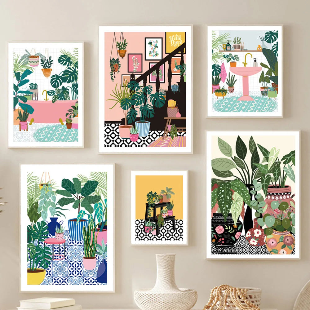 Greek Tile Botanical House Plants Art Nordic Poster Home Decor Boho Retro Vase Leaves Pictures Modern Wall Art Canvas Paintings