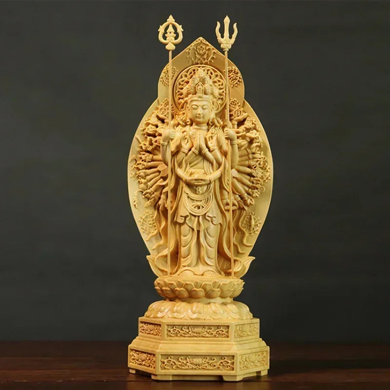 High Quality 20cm Boxwood Thousand-Hand Guanyin Carving  Sculpture Home Decor