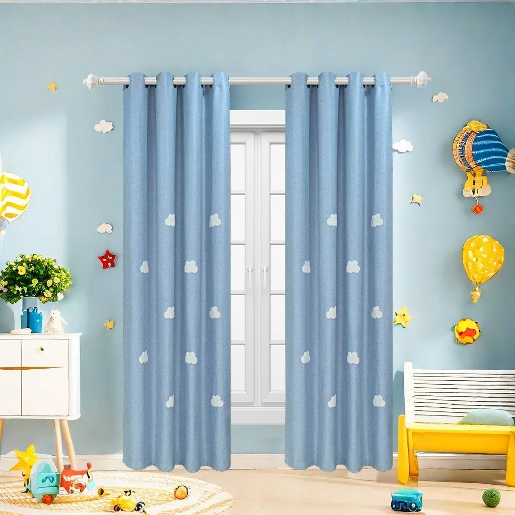 3D Cloud Embroidery Kids Curtains for Room Darkening, Thermal Insulated, Blackout Window Treatment,Grommet Top Window Curtains