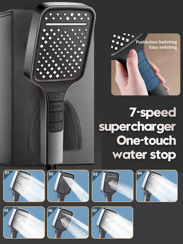 7 Modes  Shower Head High Pressure Big Rainfall One Key Stop,Water Saving,Bathroom Faucet Accessories