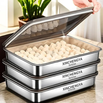 Stainless Steel Rectangular Tray with Lid Multi-Purpose Serving Plate for Dumplings BBQ Catering Food Storage Home Restaurant