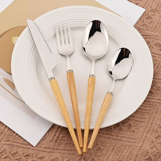 4pcs Wooden Handle Cutlery Set – Stainless Steel Knife, Fork, Spoon & Chopsticks | Modern Eco-Friendly Tableware | NaturalBuiltHome