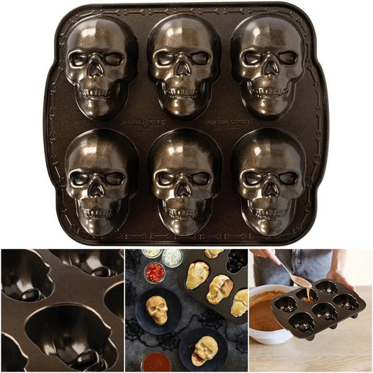 Halloween Skull Cake Pan Molds 6 Cavity 3D Skull Mold Non-Stick Skeleton Chocolate Molds Stainless Steel for Party Supplies
