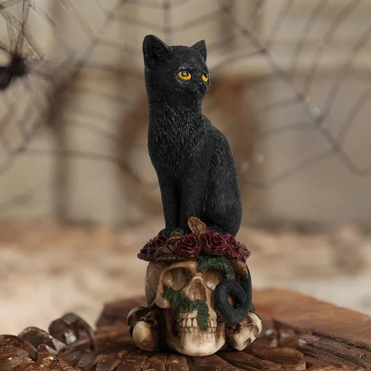 ERMAKOVA Resin Skull Head Sculpture Crow Black Cat Statue Figurine Creative Desktop Skull Figurine Home Office Decor Gift