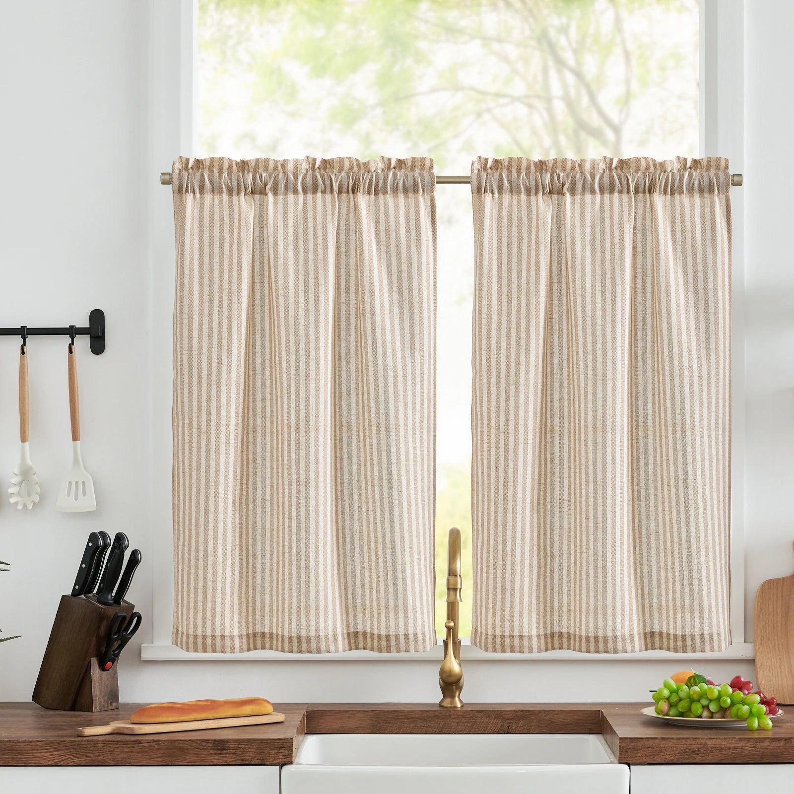 JINCHAN 2 Panels Linen Kitchen Curtains Japanese Striped Short Cover Curtains Rod Pocket Home Interior Shade Window Drapes Cafe