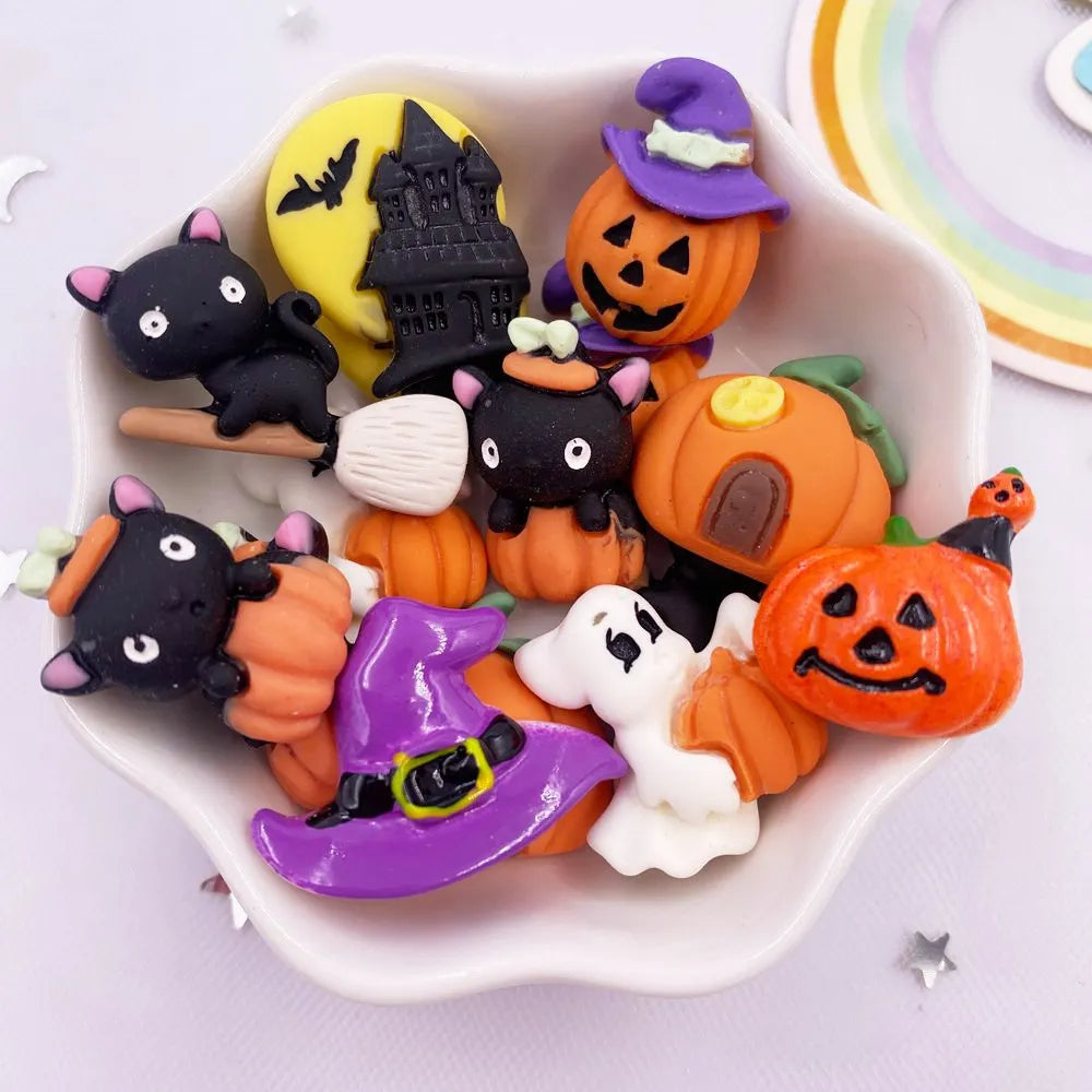 Resin Kawaii Colorful Bat House Sweeper Cat Pumpkin House Ghost Flatback Cartoon Figurine 10PCS Scrapbook DIY Halloween Decor