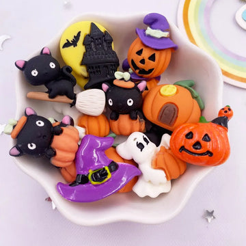 Resin Kawaii Colorful Bat House Sweeper Cat Pumpkin House Ghost Flatback Cartoon Figurine 10PCS Scrapbook DIY Halloween Decor