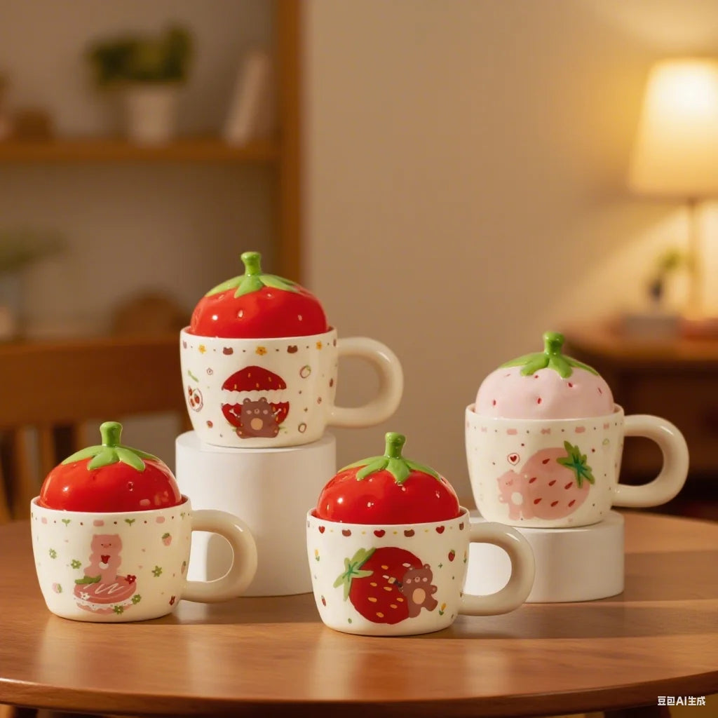 Adorable Strawberry Ceramic Mug w/Lid, Bear Cartoon, Microwave - Friendly for Coffee/Tea/Oat Milk, Ideal Girl’s Gift
