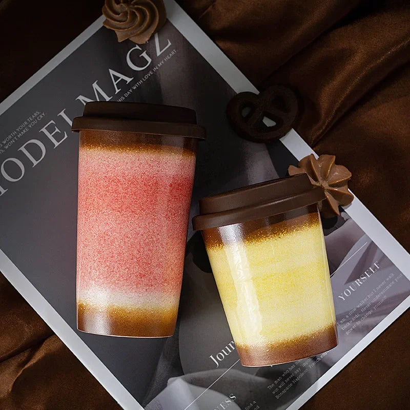 290/350ml Portable Couple Ceramic Coffee Cup, Ceramic Kiln Made Coffee Cup, Silicone Lid Latte Coffee Cup, Milk Tea Cup