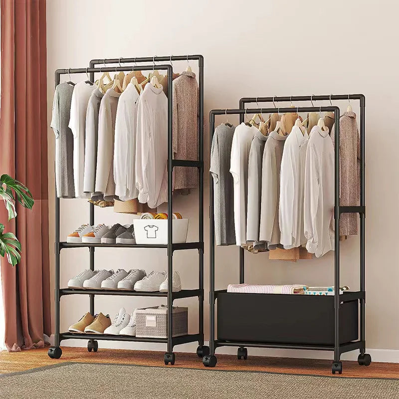 Movable Clothes Storage Rack Floor Hanger Stand Storage Wardrobe with Wheels Activity Hangers Wardrobe Coat Shelves Shoe Racks