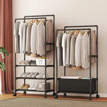 Movable Clothes Storage Rack Floor Hanger Stand Storage Wardrobe with Wheels Activity Hangers Wardrobe Coat Shelves Shoe Racks