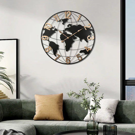 36 Inch Large Black Metal Wall Clock, Modern Silent World Map Wall Clock with Vintage Gold Arabic Numeral, Decorative for Living