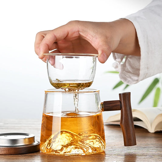 400ml Glass Tea Cup Chinese Far Mountain Design High Borosilicate Glass Tea Cup Walnut Anti Scald Handle Thickened Cup